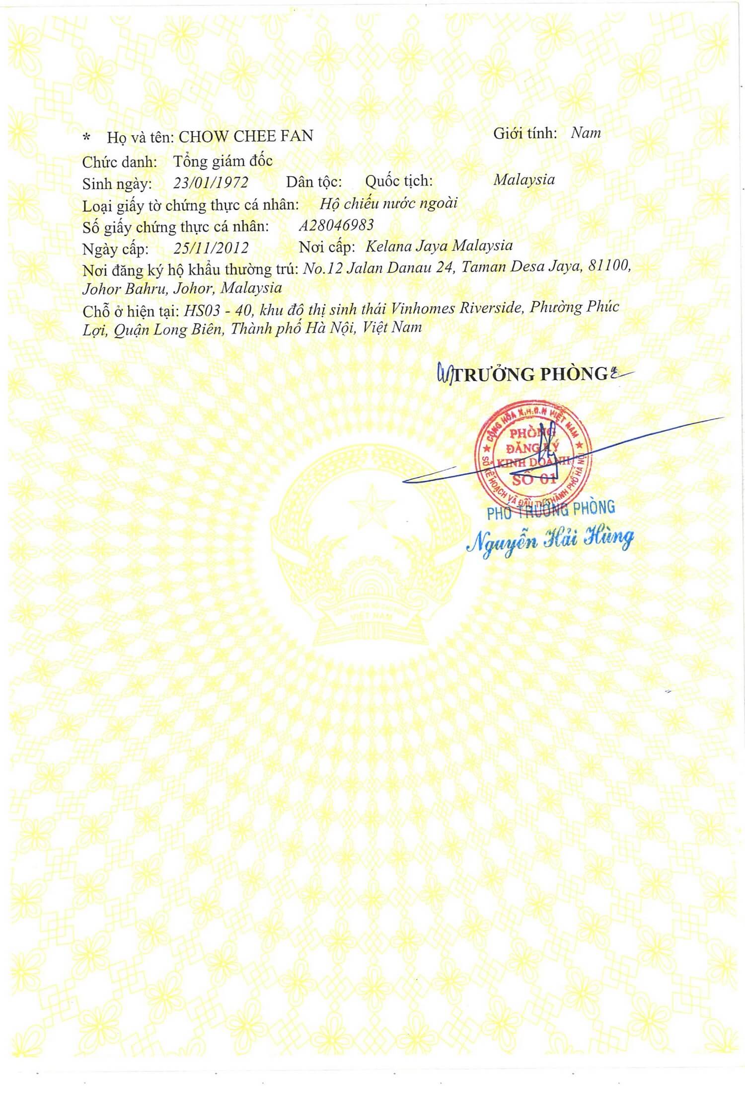 giấy chứng nhận doanh nghiệp công ty Gamuda Land Việt Nam